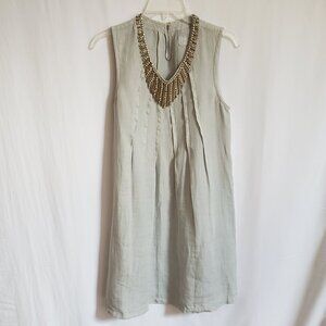 120% Lino - Gray Linen Dress with Rhinestones, Pearls and Beads. Size 40
